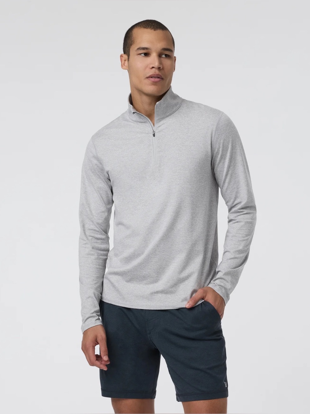 Vuori Ponto Half Zip Mock Neck Long Sleeve Shirt In Light Heather Grey Large